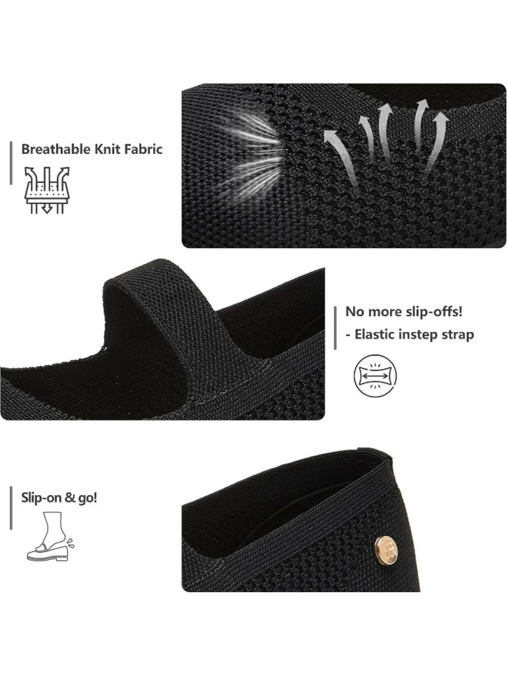 Women's Black Knit Comfortable Slip on Round Toe Casual Ballet Shoes for Walking